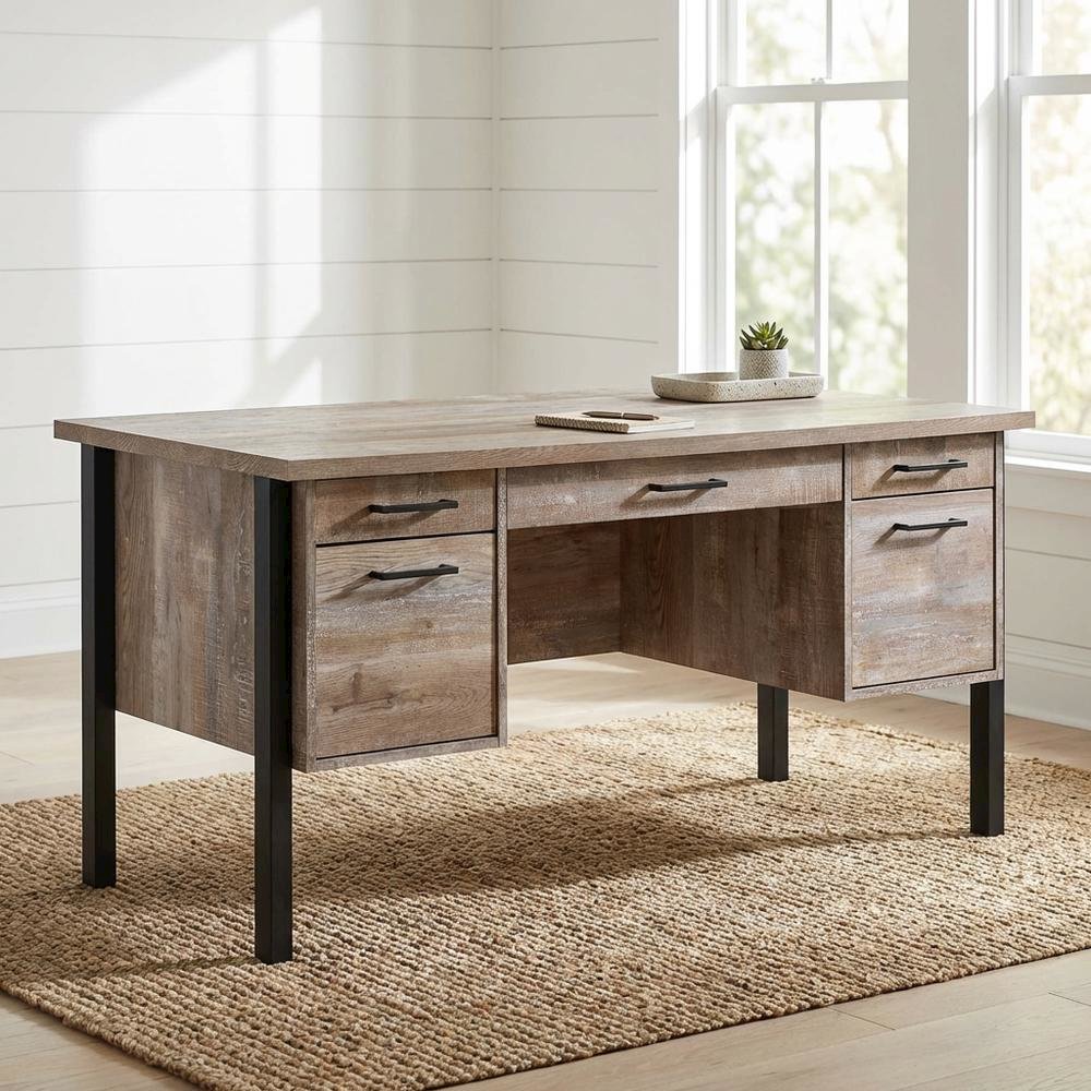 Weathered Oak 60-Inch Office Desk With 4 Drawers, Farmhouse Style For Workspace