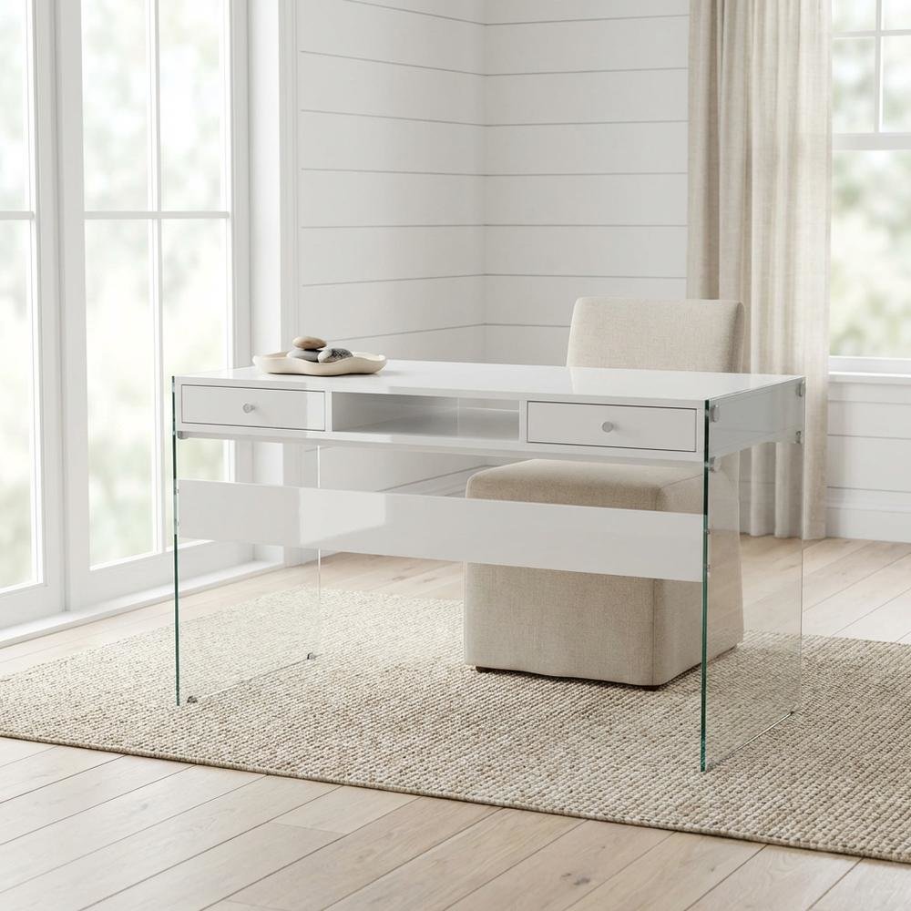 White High Gloss 48-Inch Office Desk With 2 Drawers, Contemporary Style