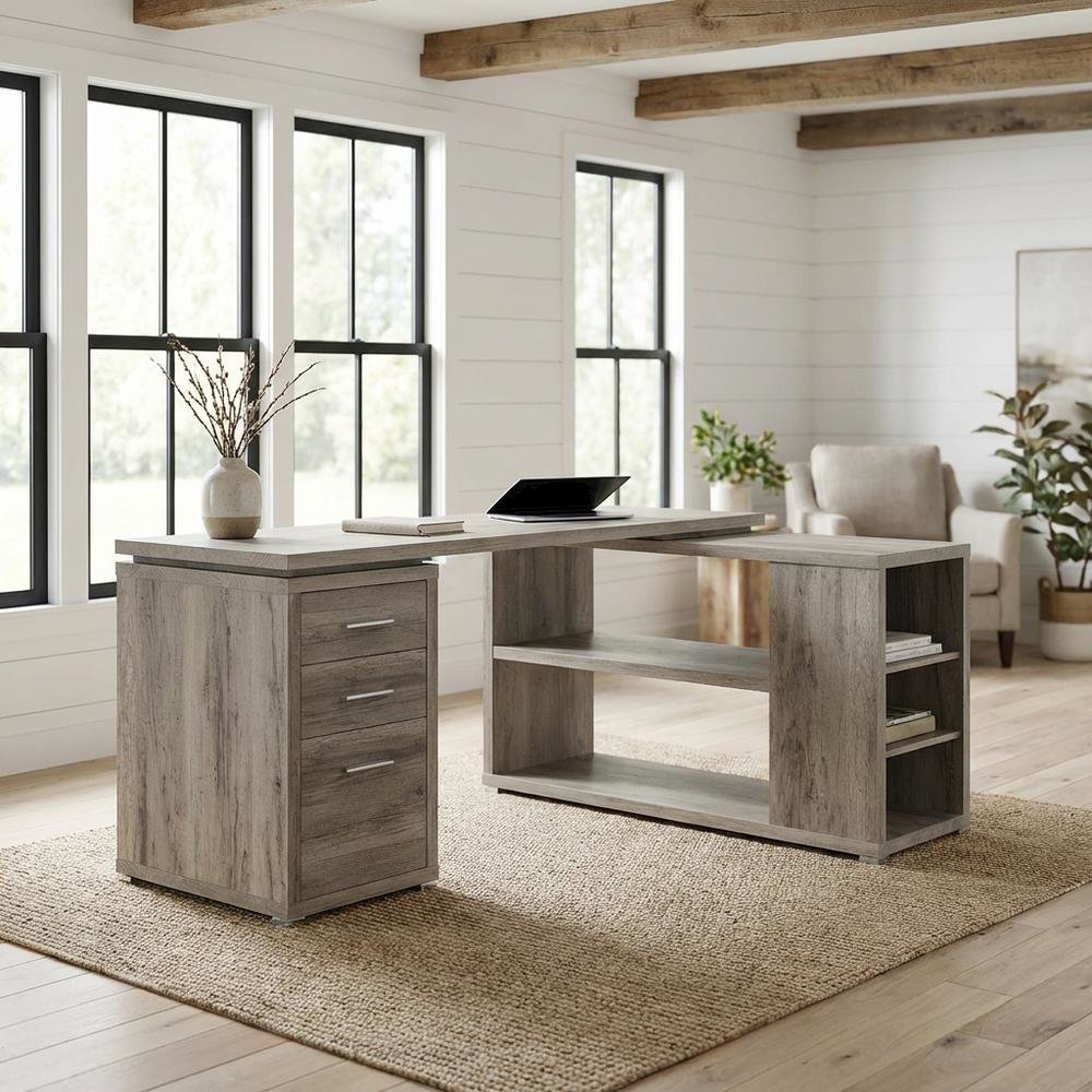 Grey Driftwood L-Shape Computer Desk With 3 Drawers And Transitional Style