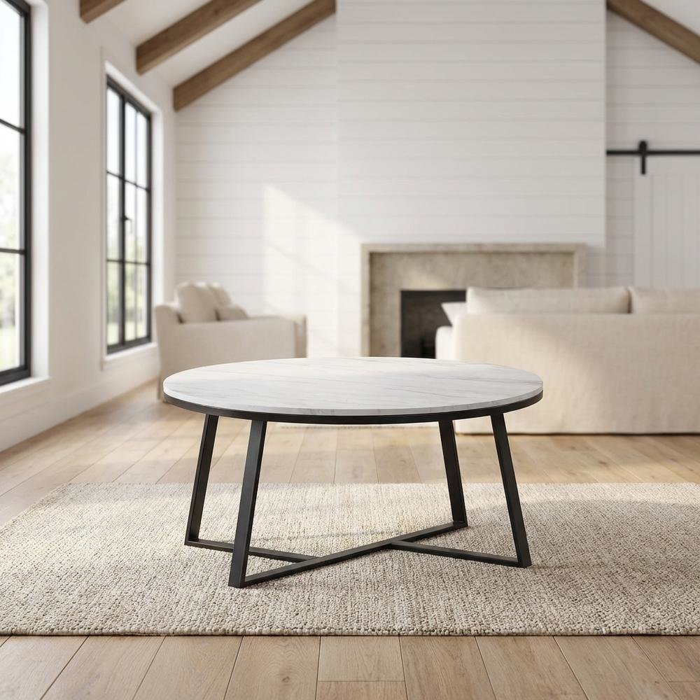 Contemporary Round Faux Marble Coffee Table with White and Matte Black Finish