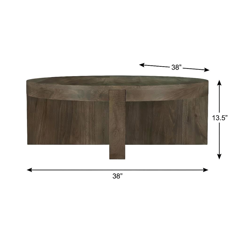 Round Brown Mango Wood Coffee Table Solid Farmhouse Design Durable Surface