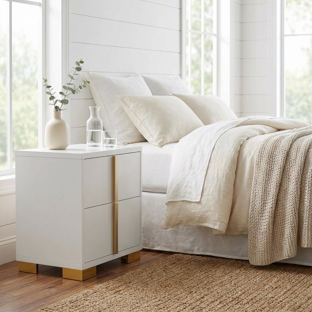 White 2-Drawer Nightstand with Metal Legs and Contemporary Design