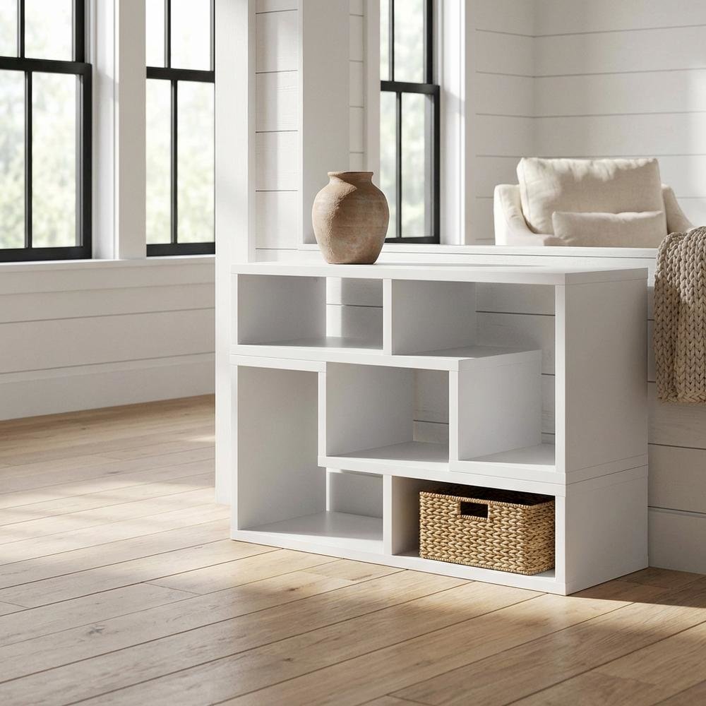White multipurpose TV stand with open shelving and transitional style