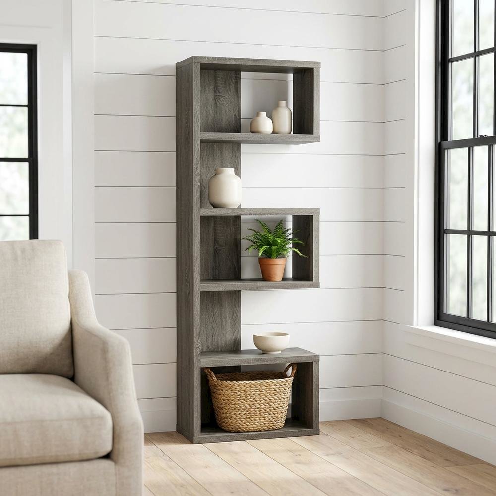 Weathered Grey 5-Shelf Bookcase with Transitional Style and Safety Restraint