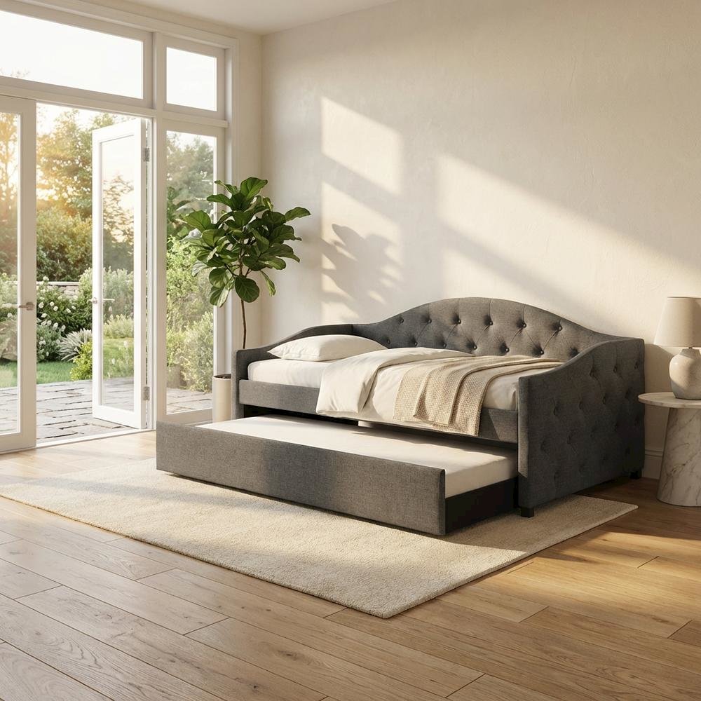 Gray Upholstered Twin Daybed With Trundle And Wooden Legs
