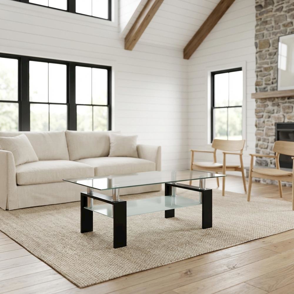 Rectangular Black Glass Top Coffee Table with 1 Shelf for Living Room