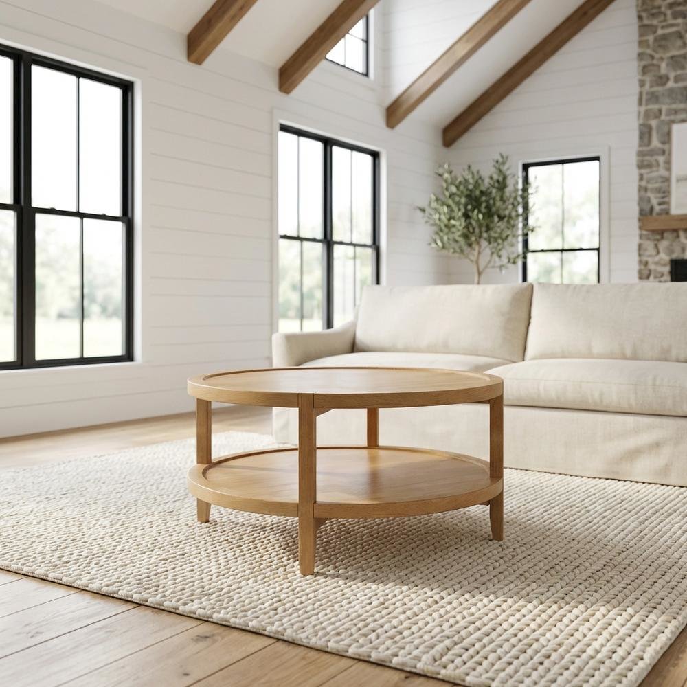 Round Maple Brown Solid Wood Coffee Table with Transitional Style
