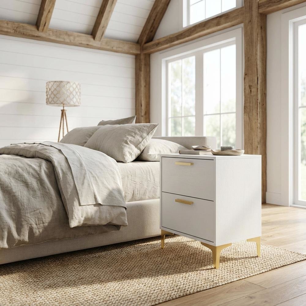 White Modern Nightstand with Gold Accents and Sturdy Metal Legs