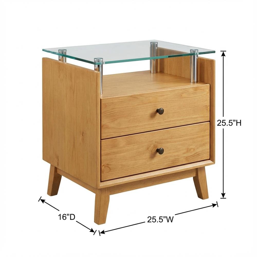 Pine Nightstand with Glass Top and Modern Style