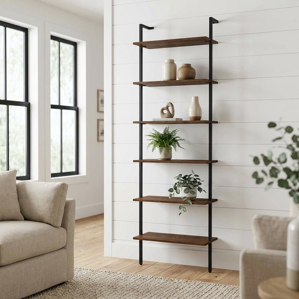 Walnut Wall Bookshelf with Six Shelves and Transitional Style