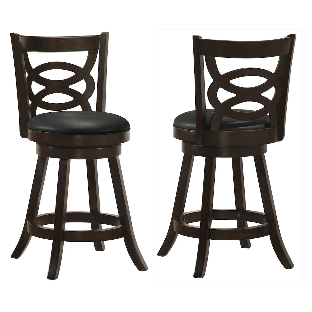 Swivel Counter Stool, Set of 2, Black Leatherette, Dark Merlot Finish