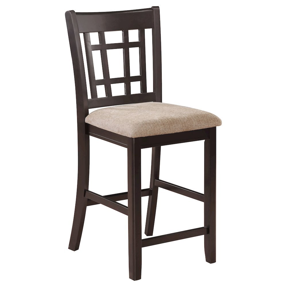Brown Wood Counter Stool Set of 2 with Lattice Back Design and Upholstered Seats