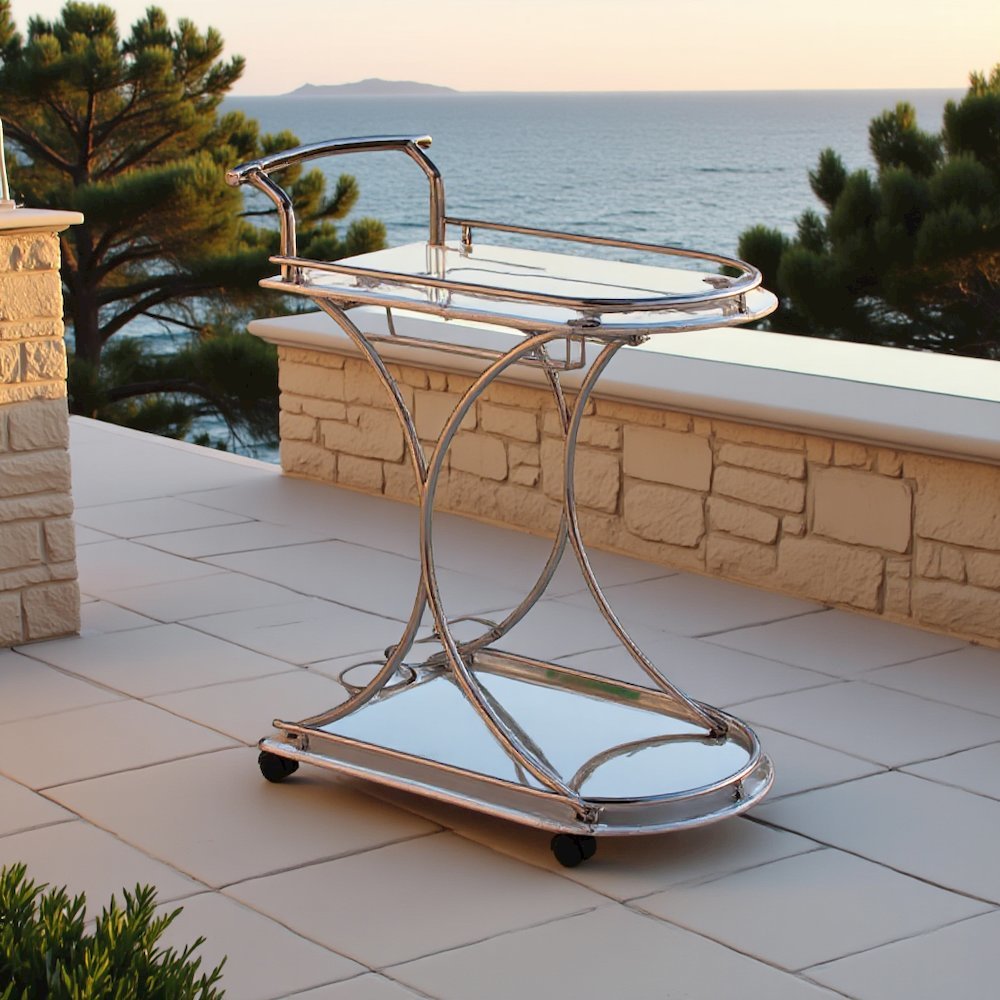 Modern 2-Shelf Bar Cart with Chrome Frame and White Glass for Home