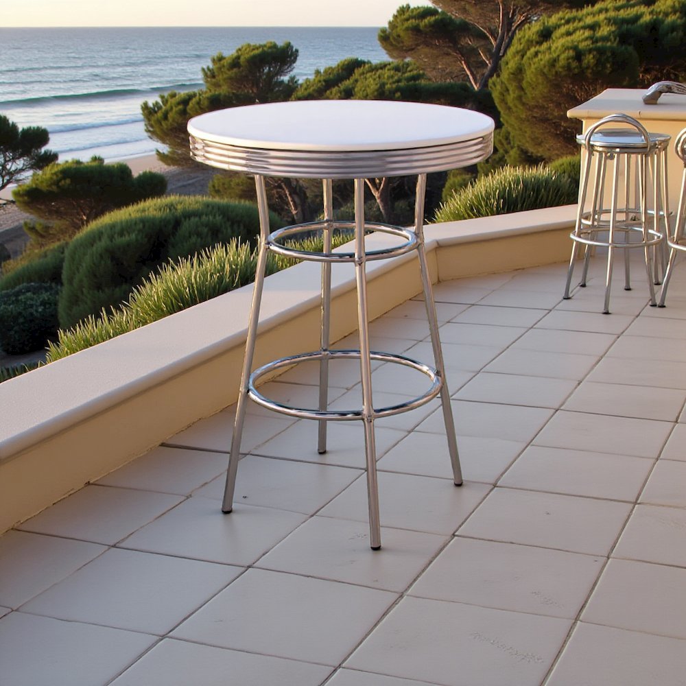 Round Bar Table with Chrome and Glossy White Finish, Bar Height Table