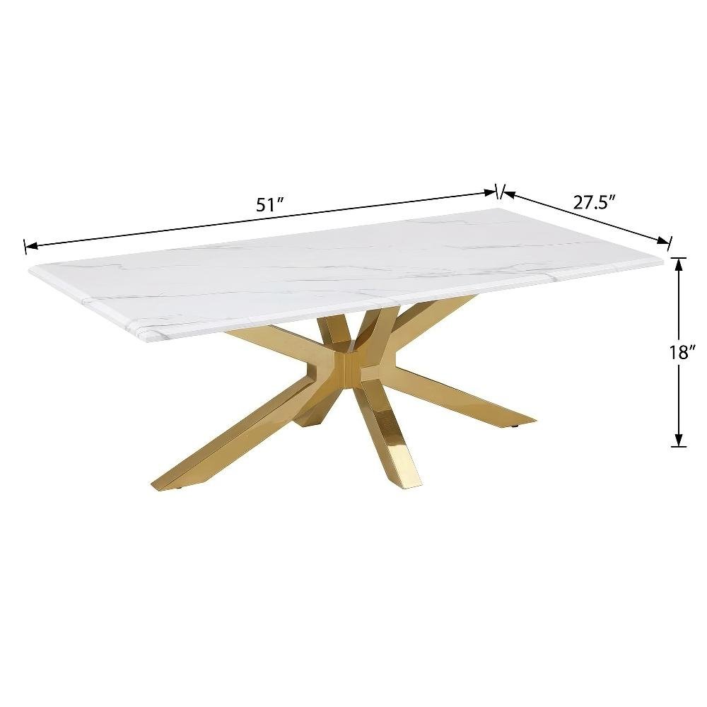 White Faux Marble Top Coffee Table Gold Stainless Steel Frame Modern Design