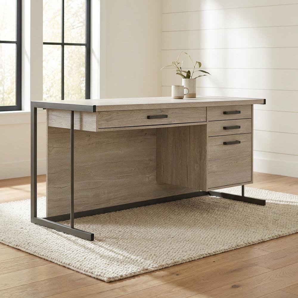 Greywashed 4-Drawer Computer Desk With Contemporary Style And Rectangular Shape