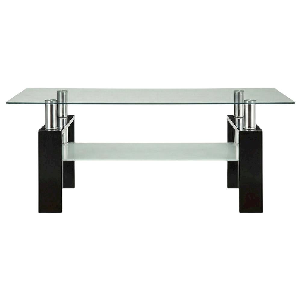 Rectangular Black Glass Top Coffee Table with 1 Shelf for Living Room