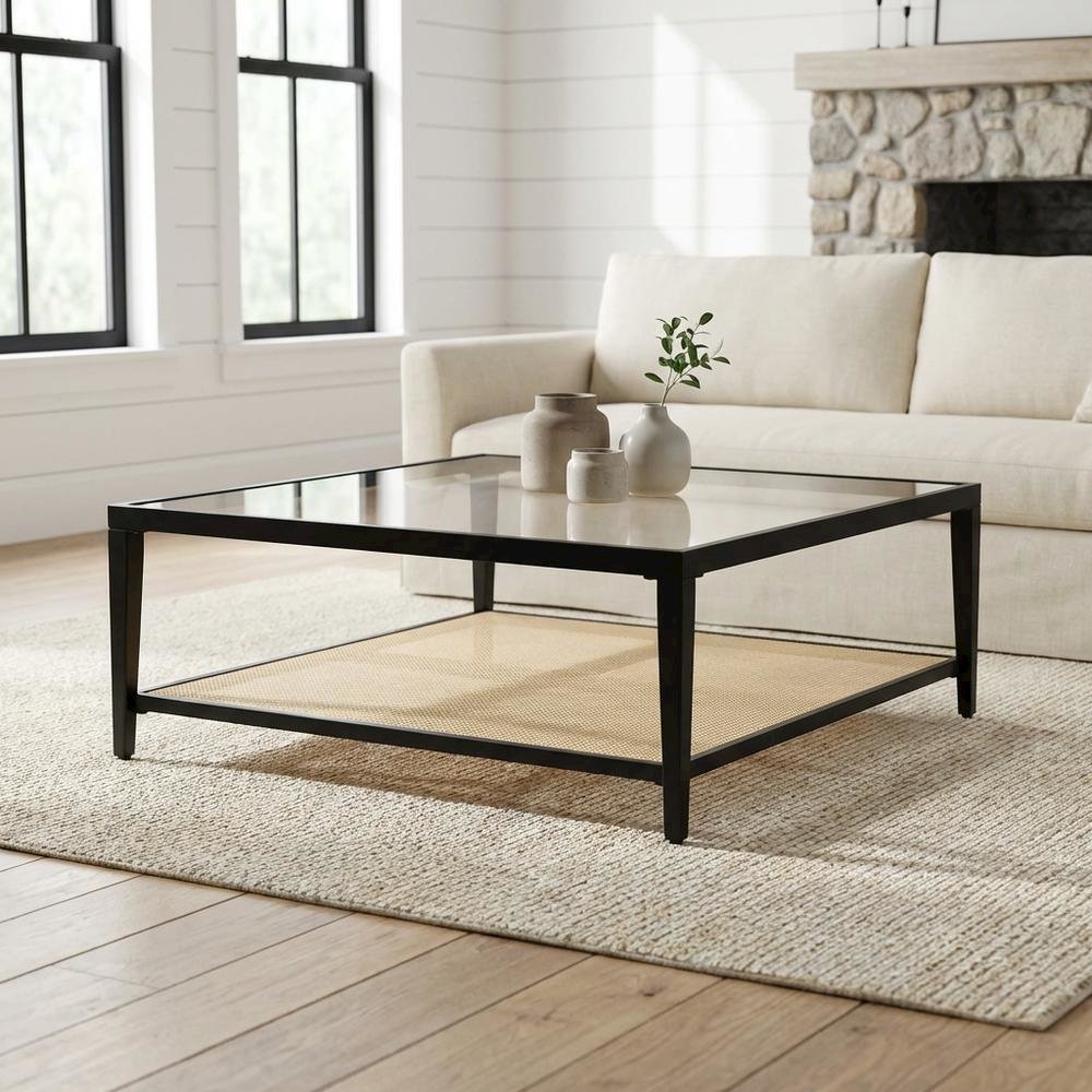 Black Glass Top Metal Coffee Table with Cane Shelf, Transitional Style