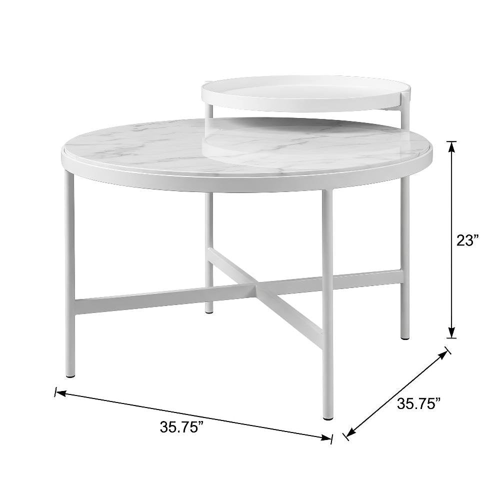 Round White Marble Printed Glass Top Coffee Table, Leveler