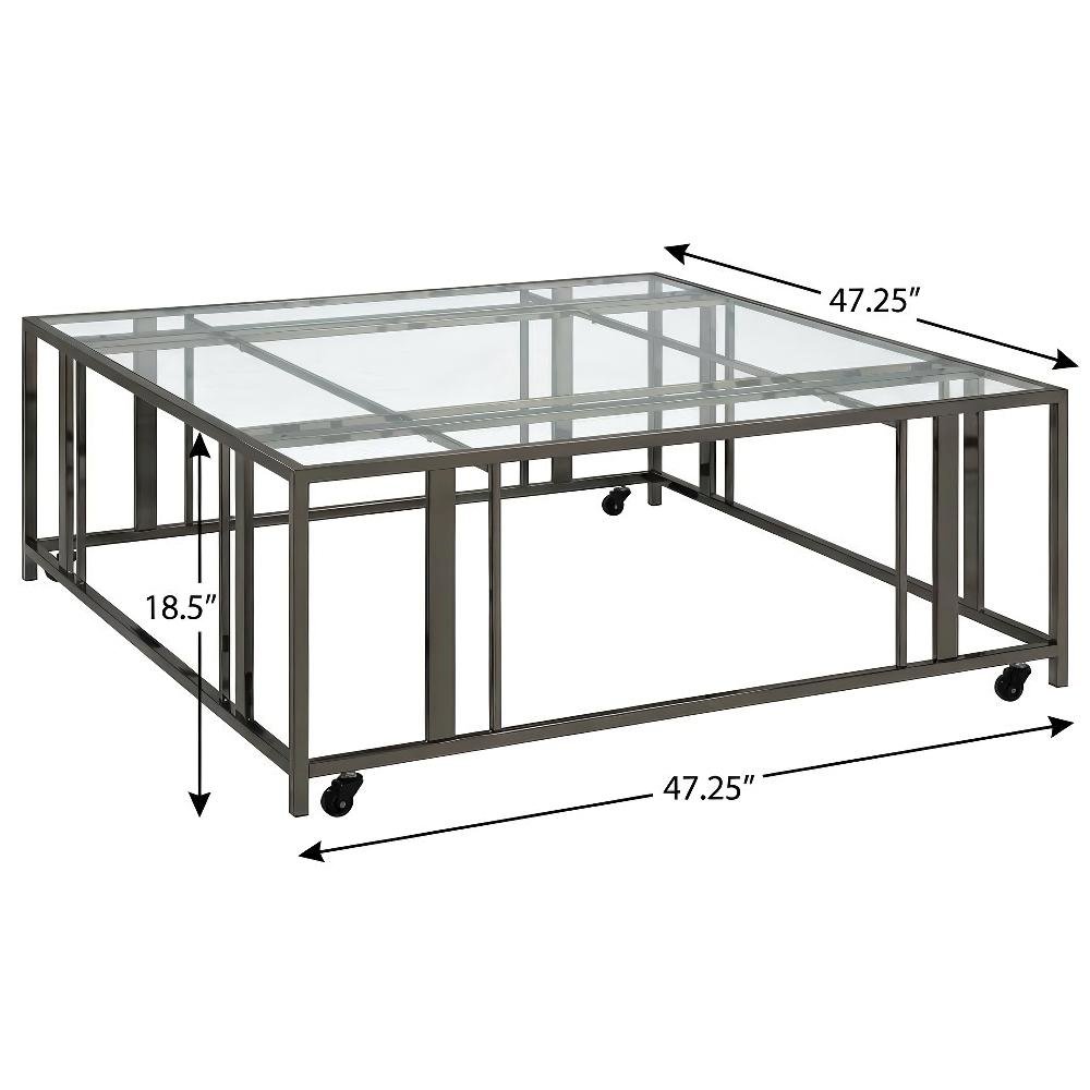 Square Black Glass Top Coffee Table with Casters and Contemporary Style