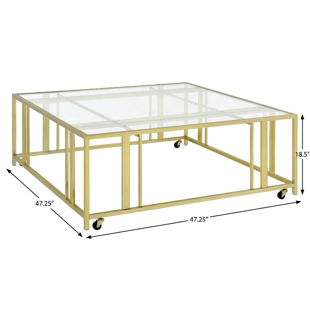 Square Coffee Table Gold Matte Brass Casters Contemporary Design
