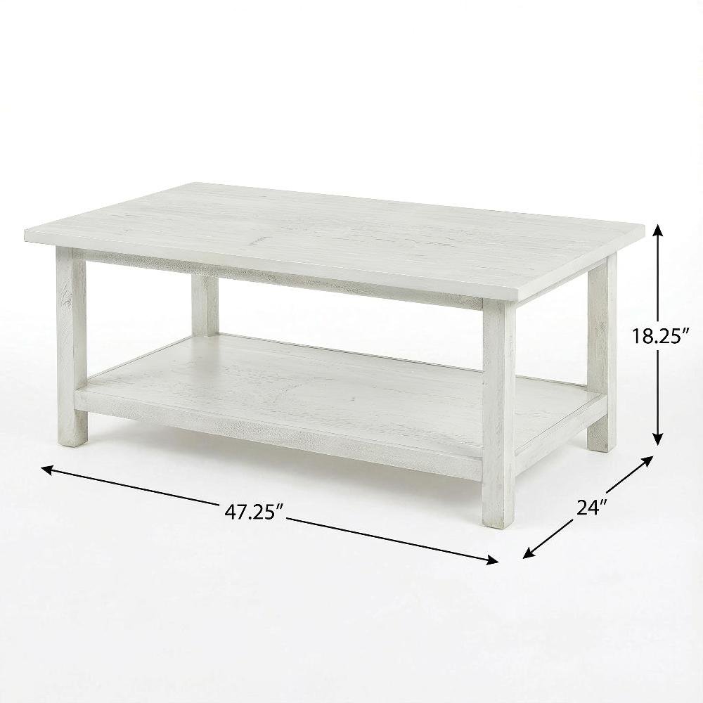 White Farmhouse Wood Coffee Table with Shelf and Rectangular Design