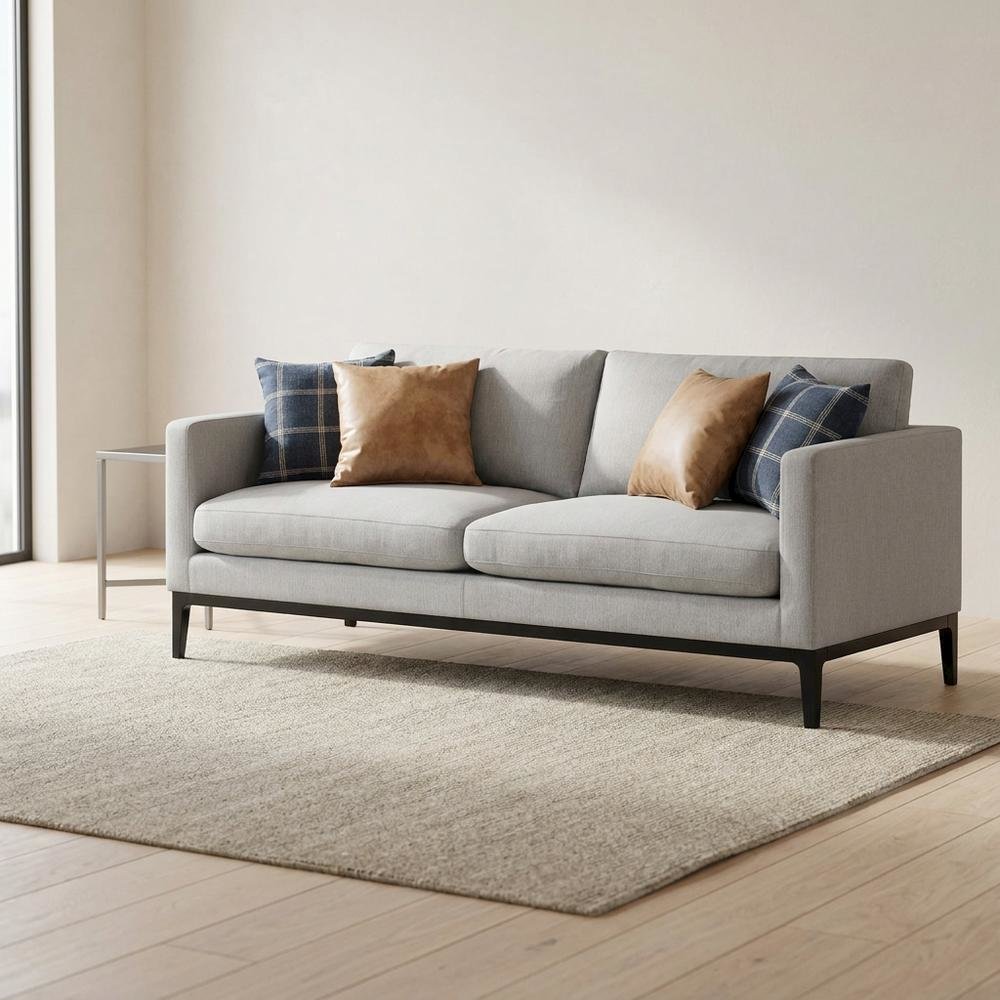 Polyester-Upholstered Track Arm Sofa with Metal Legs for Living Room, Light Grey