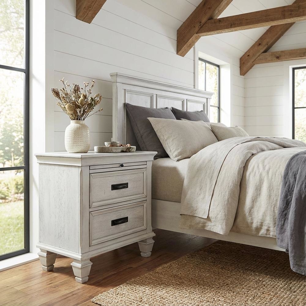 Distressed White Nightstand with 2 Drawers and Farmhouse Style