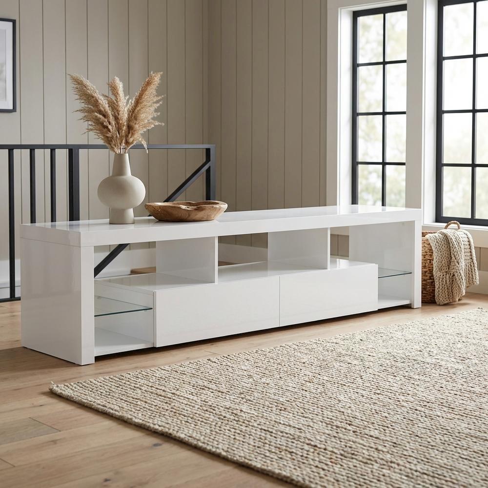 White 2-Drawer TV Stand with High Gloss Finish and Contemporary Style