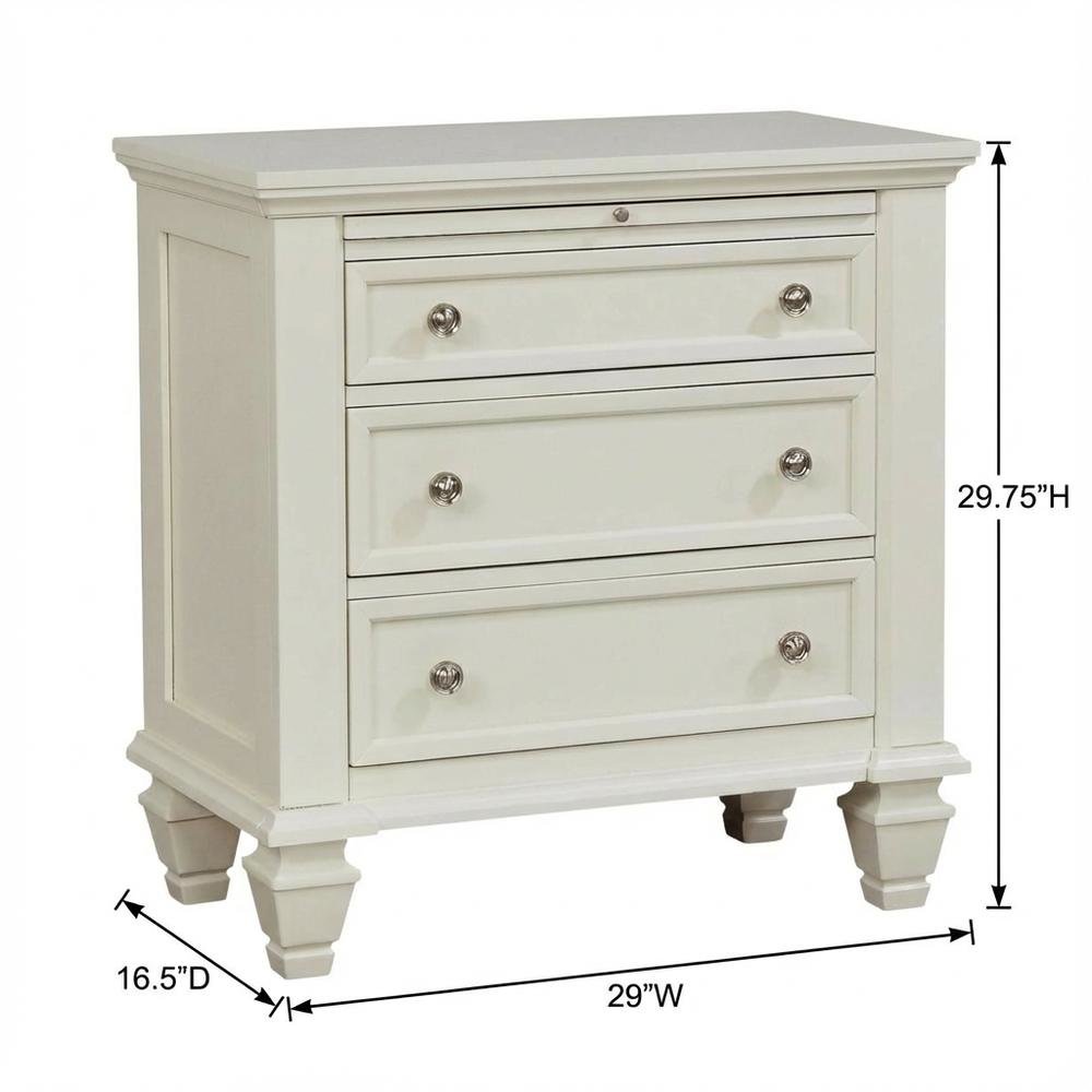 Cream White Bedroom Nightstand with 3 Drawers and Coastal Style