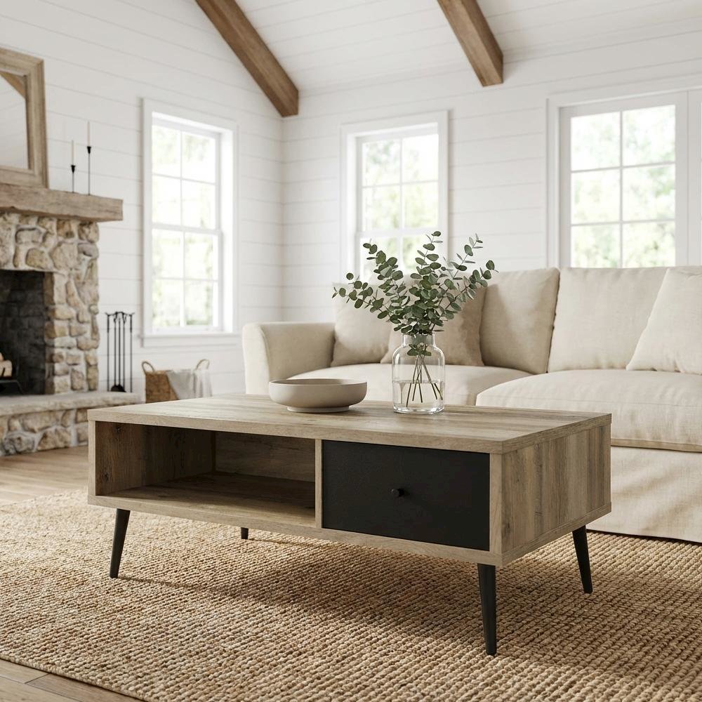 Antique Pine Coffee Table with 1 Drawer Rectangular Grey Finish Mid-Century