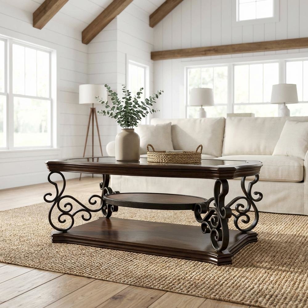 Deep Merlot Rectangular Coffee Table with One Shelf and Glass Top Design