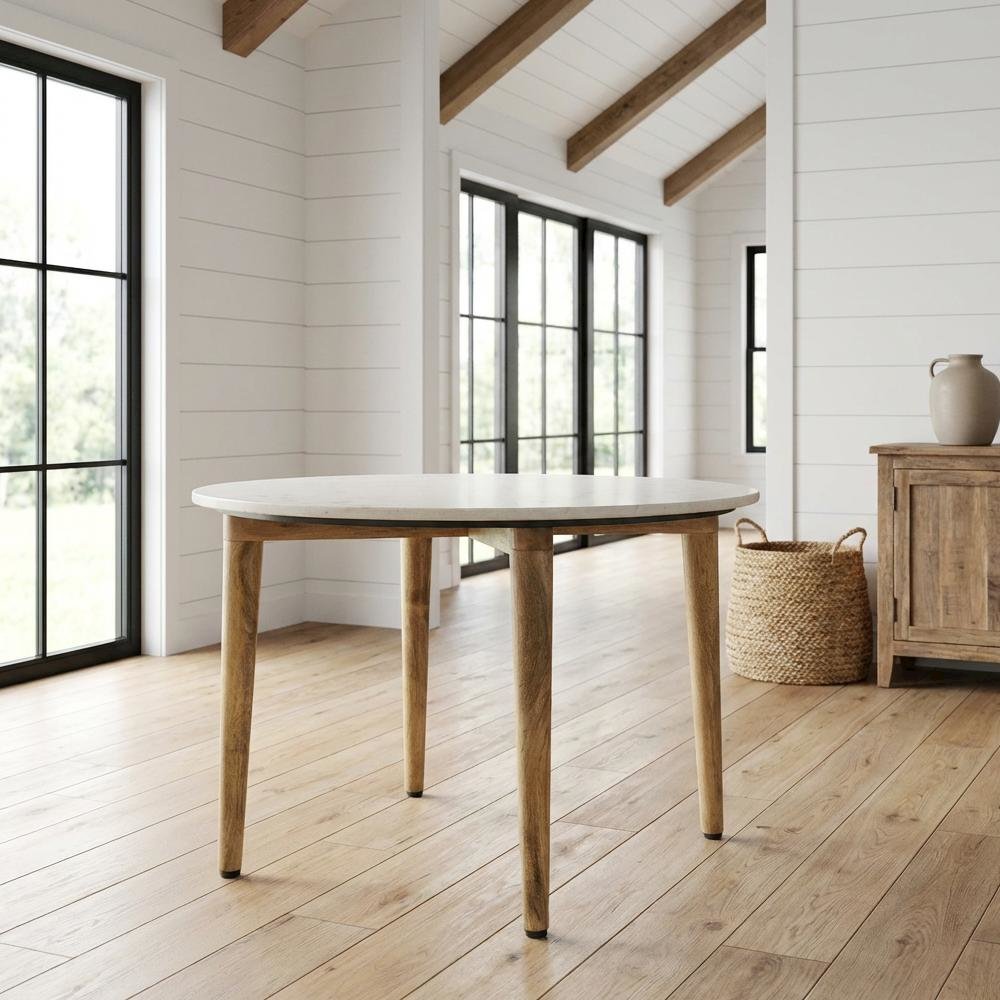 Round White Coffee Table with Marble Top and Warm Wood Finish