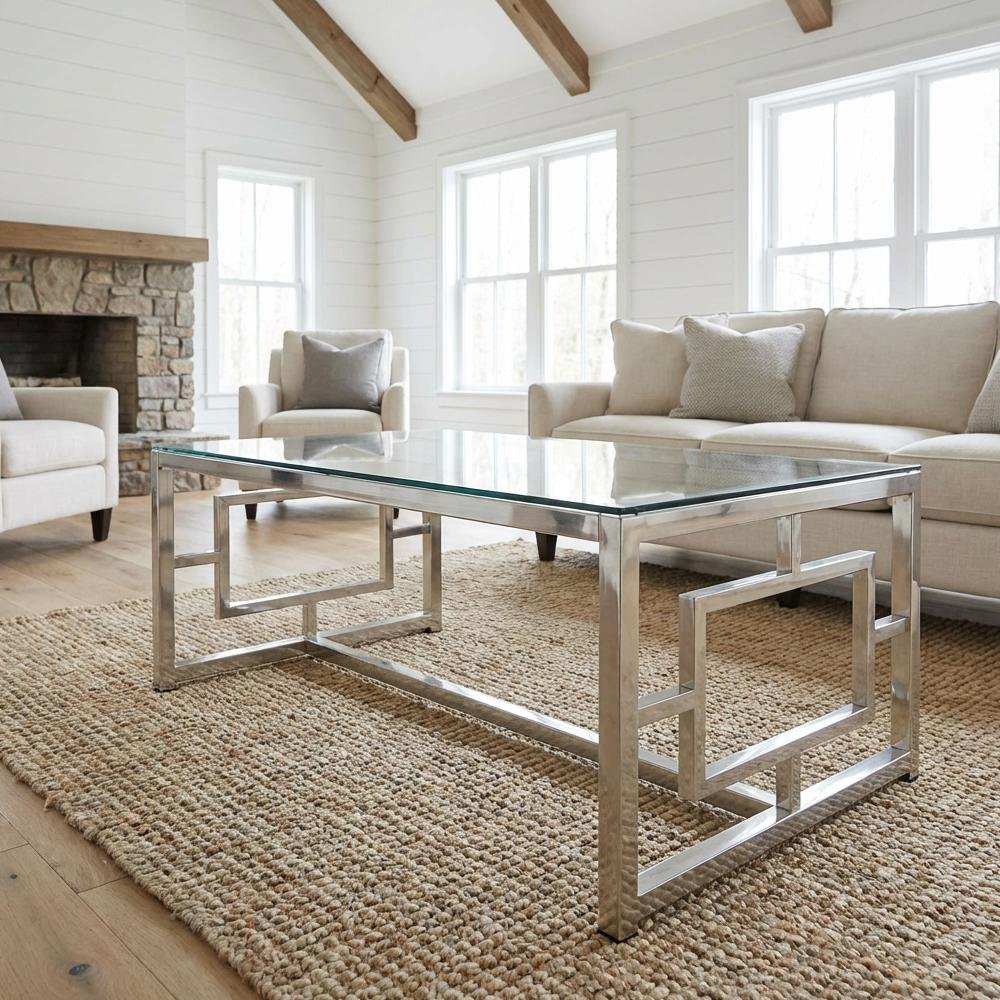 Rectangular Silver Coffee Table with Glass Top and Contemporary Design