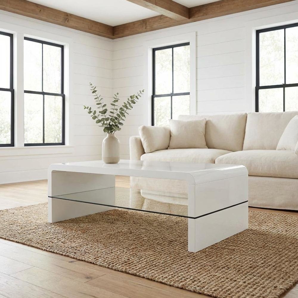 Rectangular White High Gloss Coffee Table with Shelf Contemporary Design