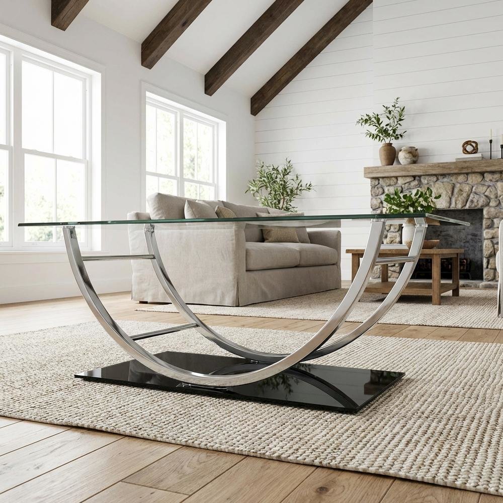 Rectangular Silver U-Shaped Coffee Table with Glass Top and Chrome Frame