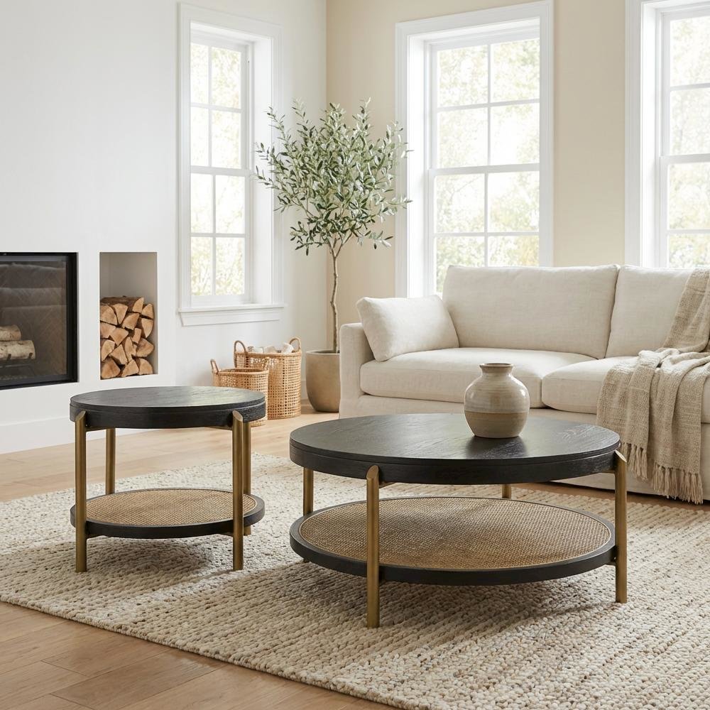 Black 2-Piece Round Coffee and End Table Set with Sturdy Design