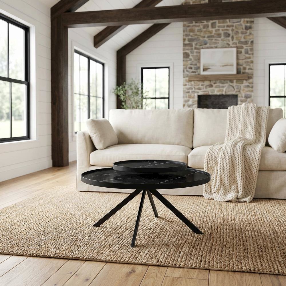 Round Black Glass Top Coffee Table with Marble Print and Leveler Design