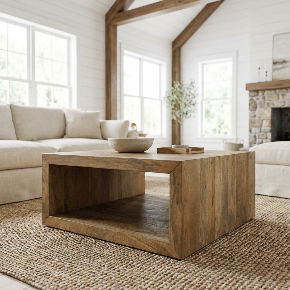Warm-Toned Square Mango Wood Coffee Table with Plastic Glide and Sturdy Design