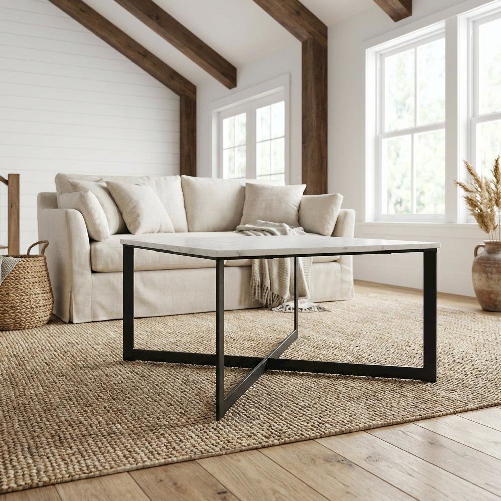 White and Black Square Marble Top Coffee Table with Contemporary Design