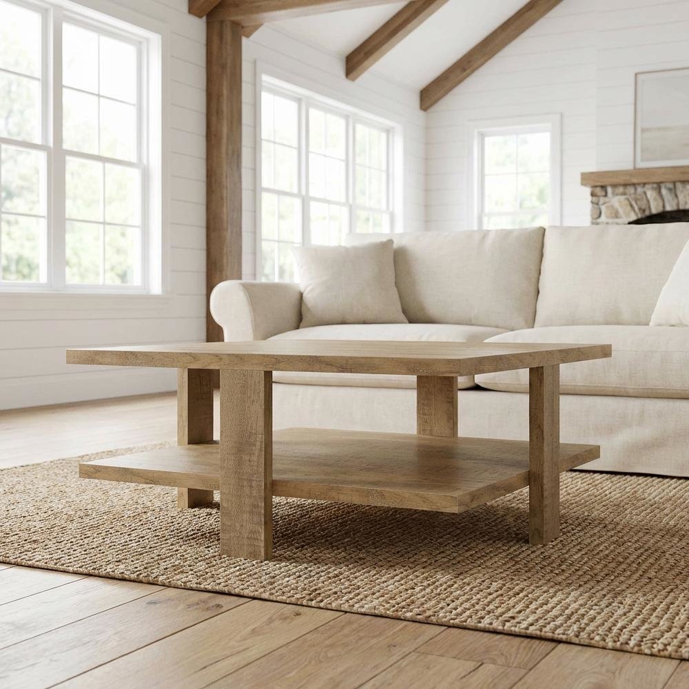 Brown Square Engineered Wood Coffee Table with Farmhouse Style and Sturdy Build