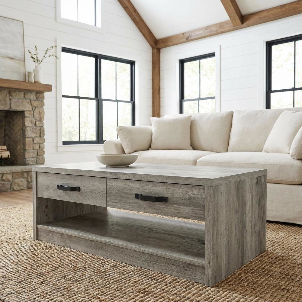 Grey Driftwood Rectangular Coffee Table with 2 Drawers and Black Finish