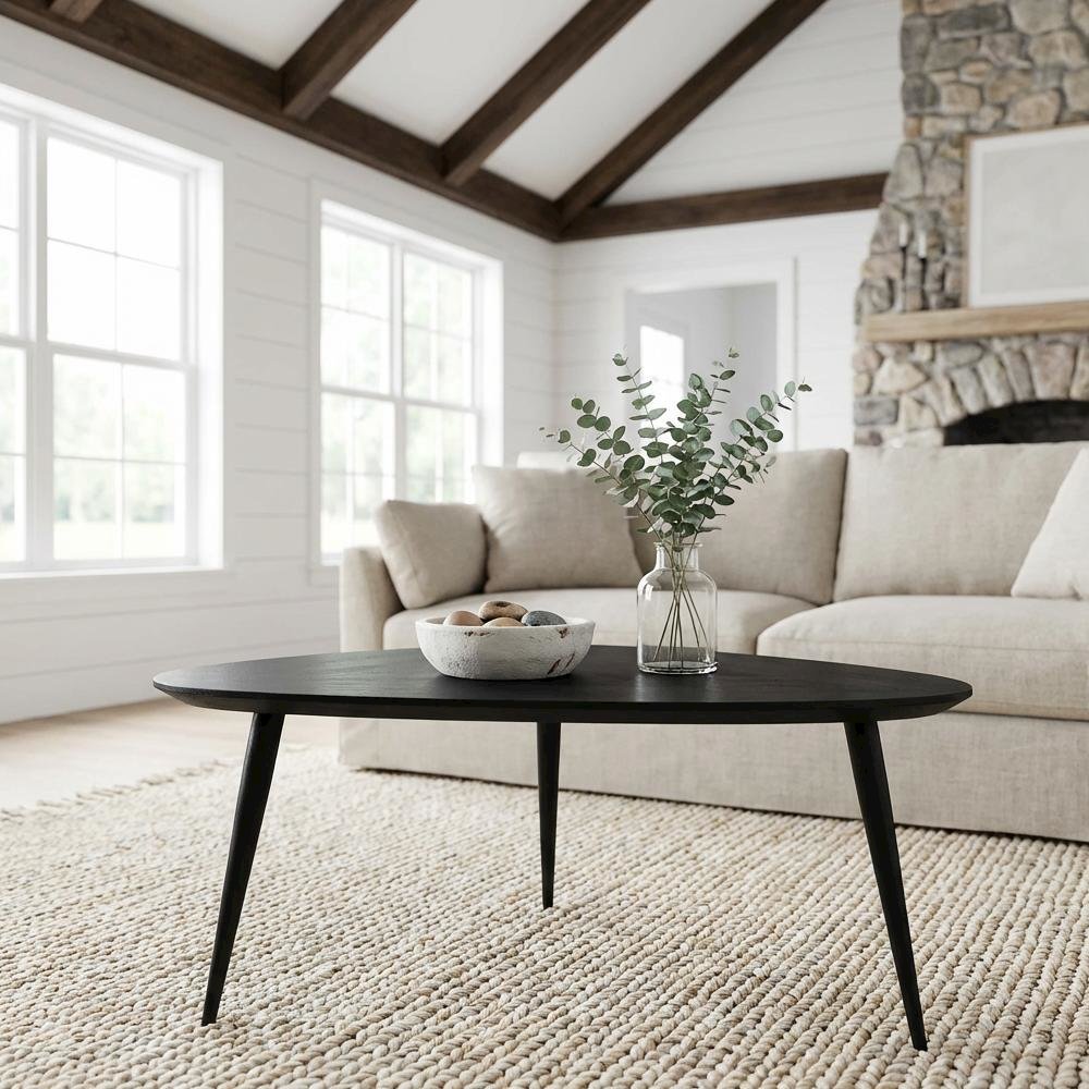 Black Triangular Solid Wood Coffee Table Mid-Century Modern Design