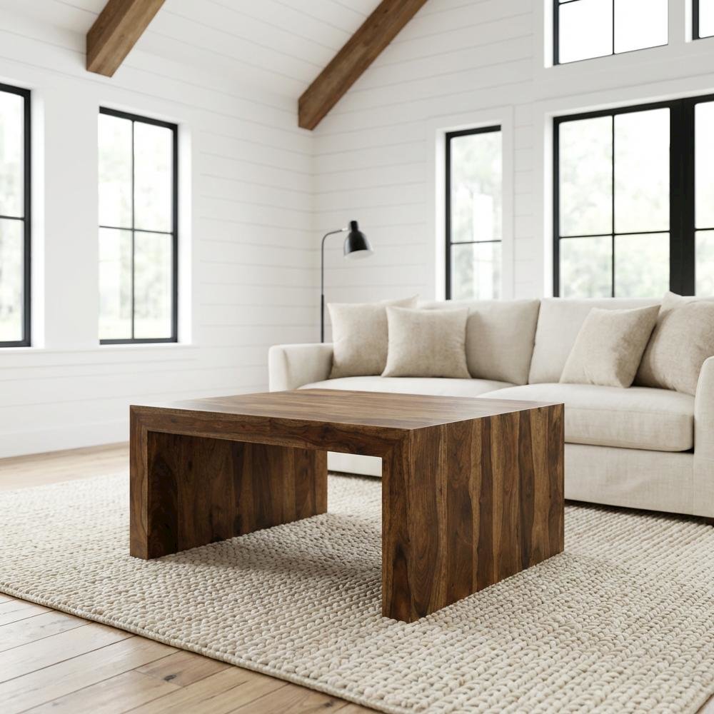 Square Auburn Solid Wood Coffee Table with Farmhouse Design and Sturdy Build