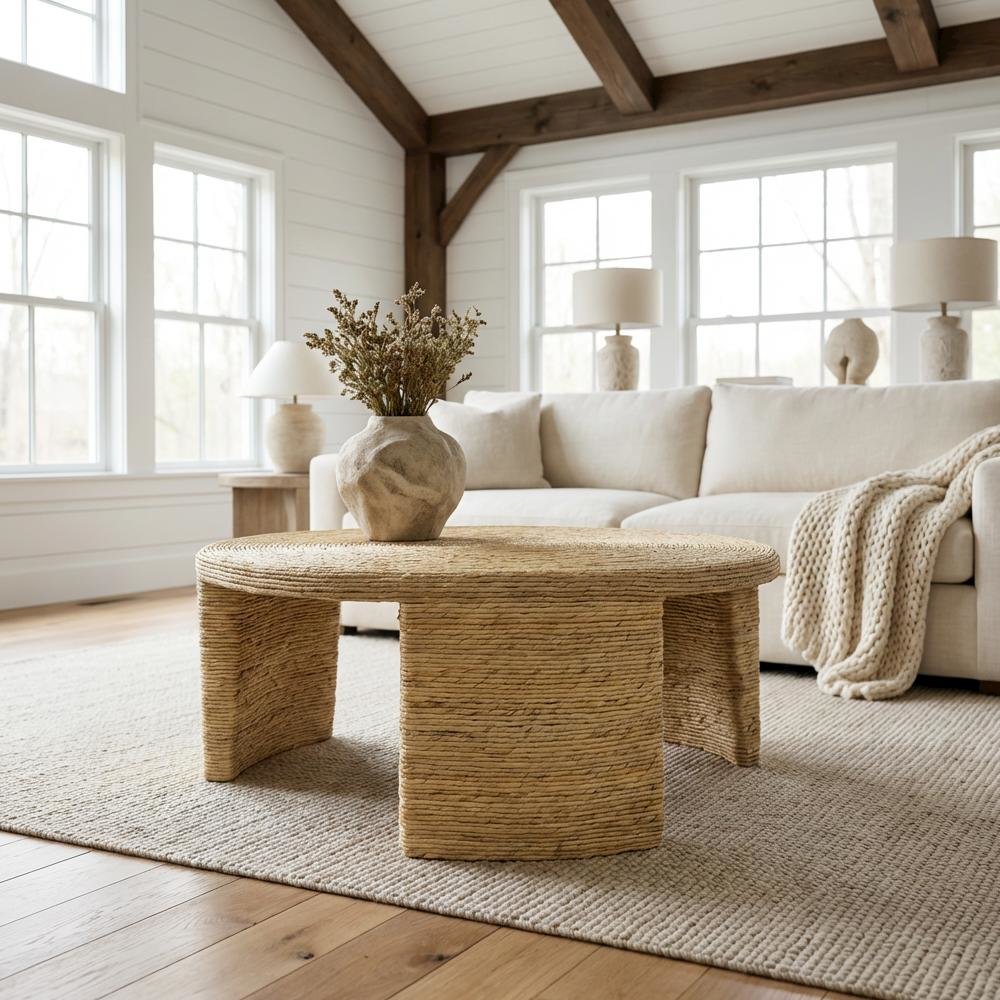 Warm Brown Round Coffee Table with Woven Rattan Surface Coastal Design