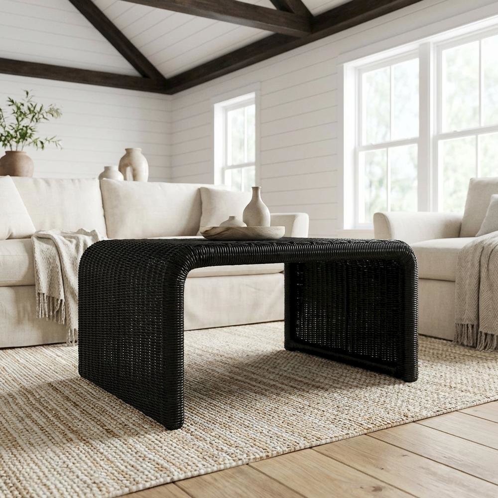 Black Square Coffee Table with Woven Rattan Top and Coastal Style Design