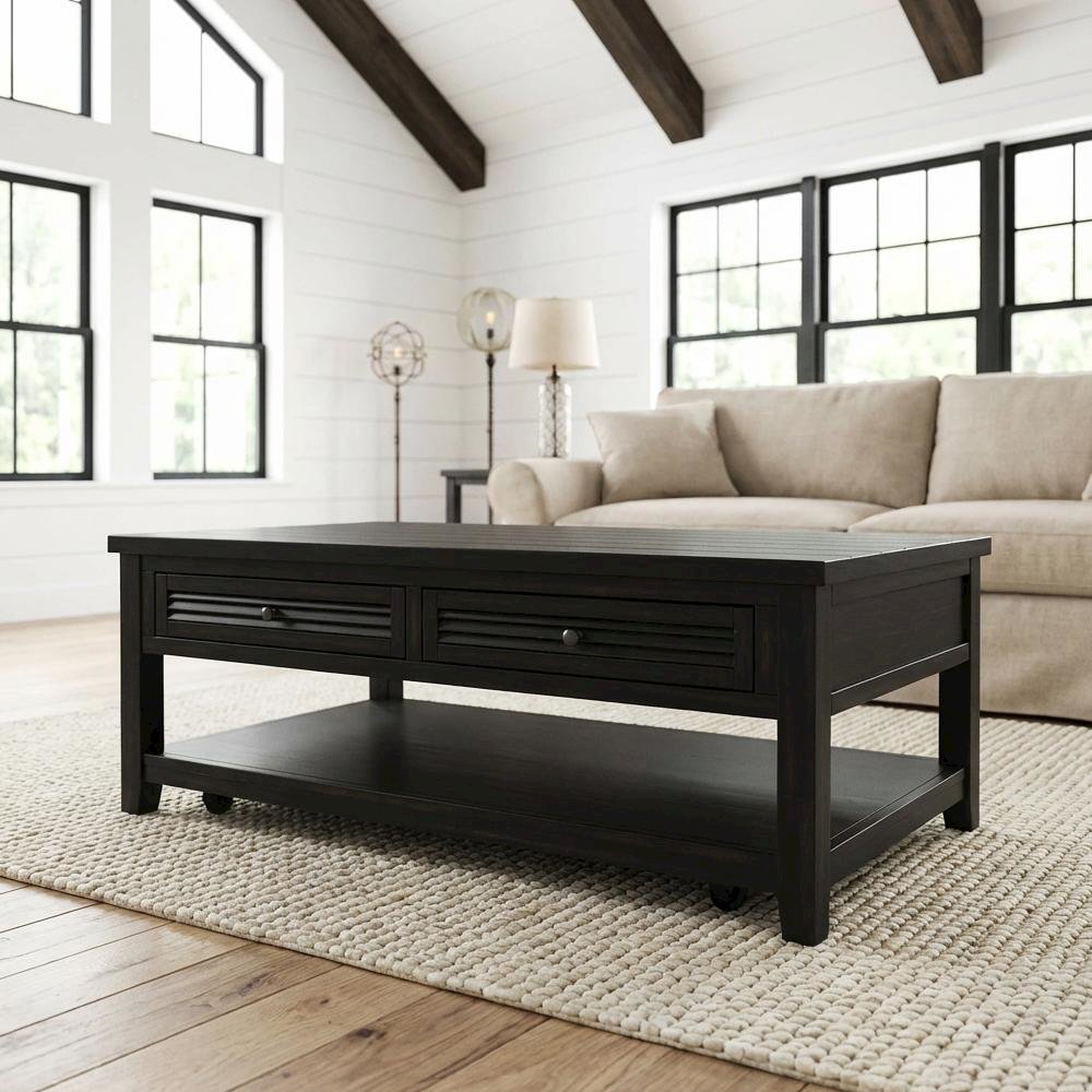 Rectangular Distressed Java Coffee Table with 2 Drawers and Coastal Style