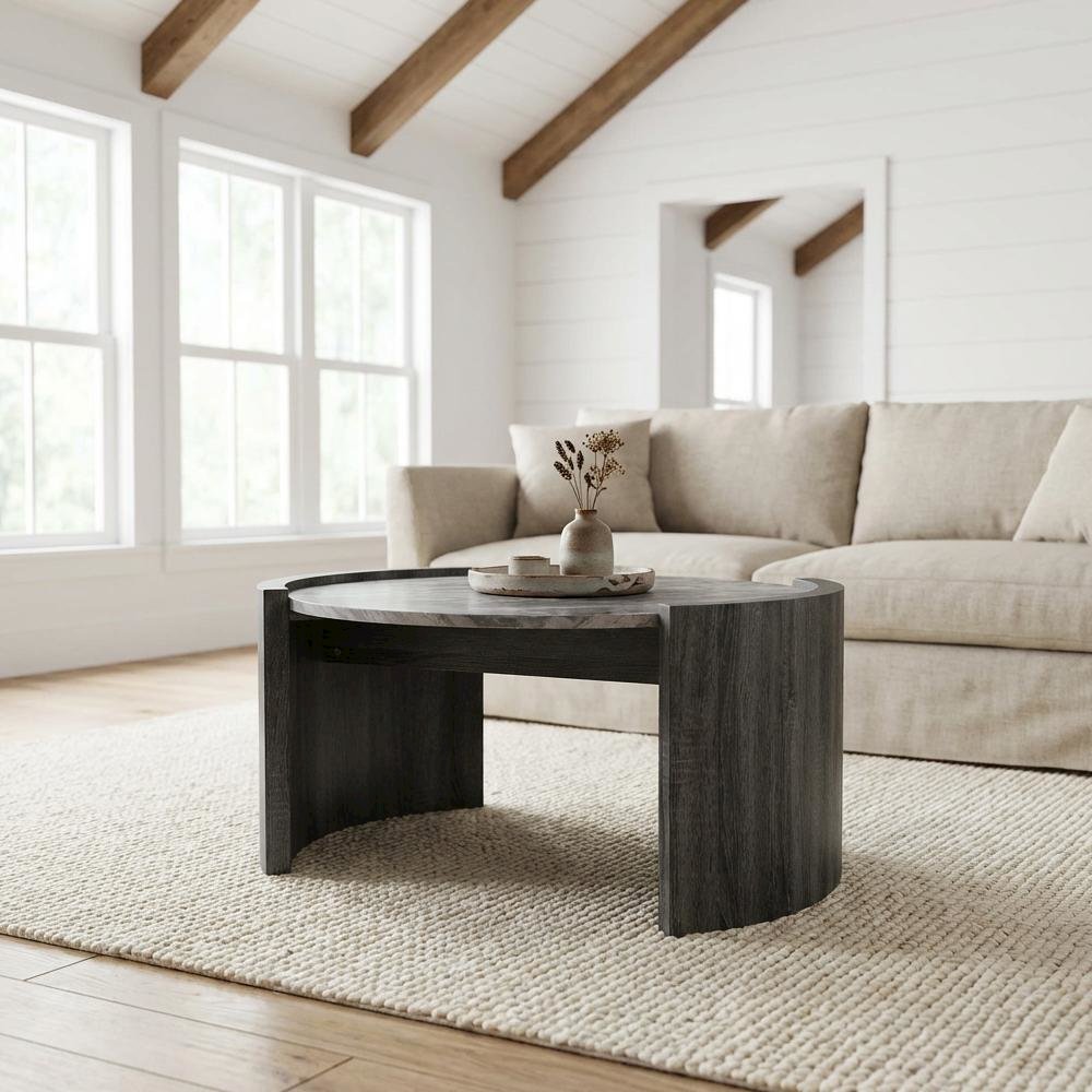 Round Coffee Table Distressed Grey Faux Marble Top Contemporary Style