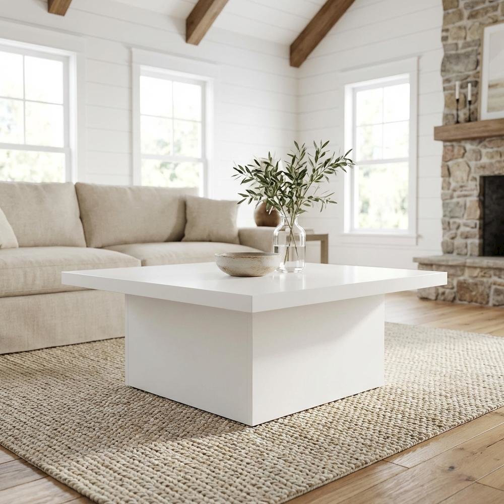 White High Gloss Square Coffee Table Engineered Wood with Plastic Glide