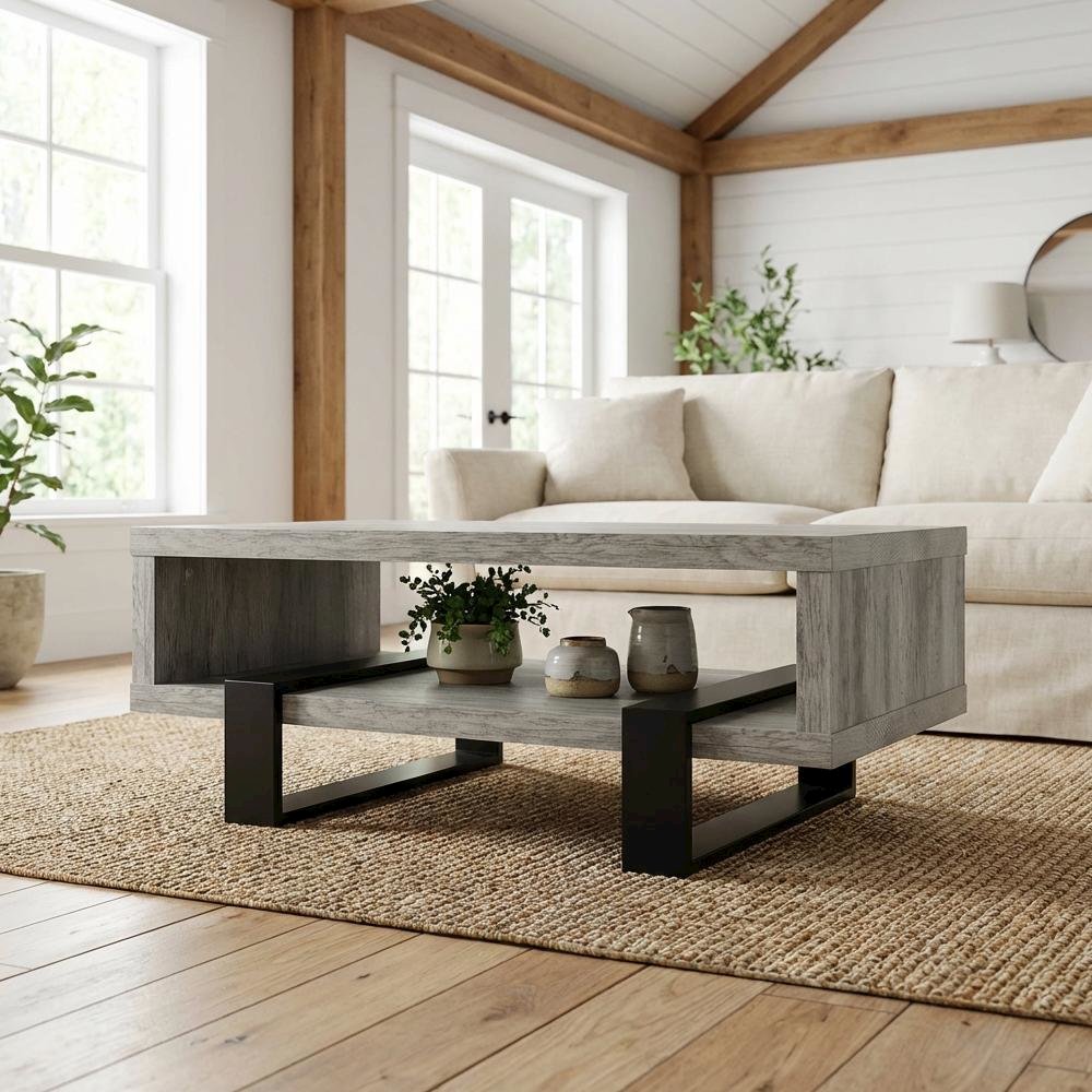 Grey Driftwood Rectangular Coffee Table Engineered Wood Contemporary Design